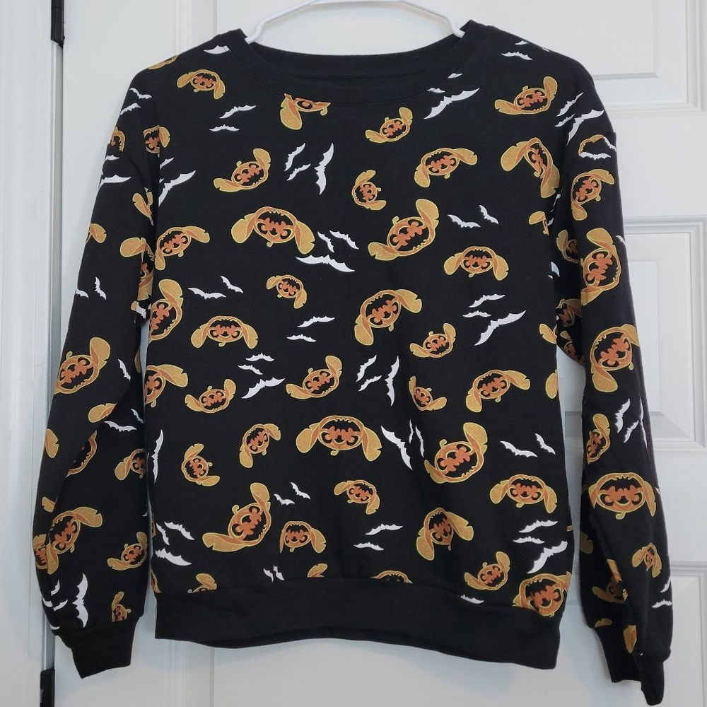 Juniors Disney Stitch Halloween Black Orange Pumpkin Bat Sweatshirt M (7-9) NWT